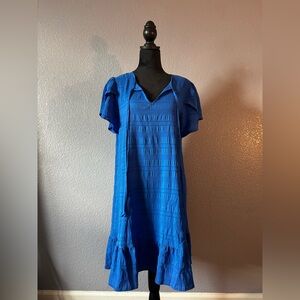 Jean Blue Textured Flutter Sleeve Ruffled Mini Dress Seer Sucker Large Beachy